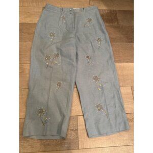 Saint Tropez West 100% Linen Embroidered Palm Tree Pants Size 14 Light Blue